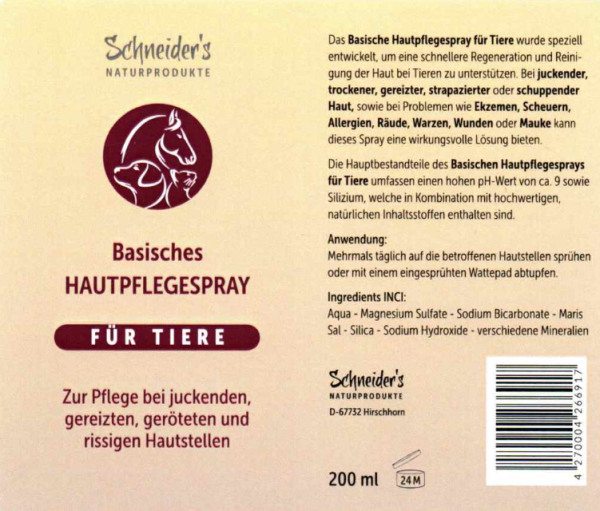 600 ml Schneiders Naturprodukte basisches Hautpflegespray für Tiere bei Exzemen, Allergien, Demodex uvm - schnelle Linderung